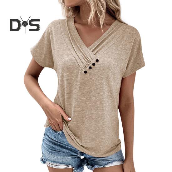 Женская футболка с V-образным вырезом, коротким рукавом, свободный крой, пуговицы, декор, однотонный пуловер, топы, повседневная одежда