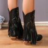 Wedge Chunky Heel Boots Women Rivets Tassels Design Western Boots PU Leather Brown Cowboy Boots for Woman Cowgirl Botas Mujer