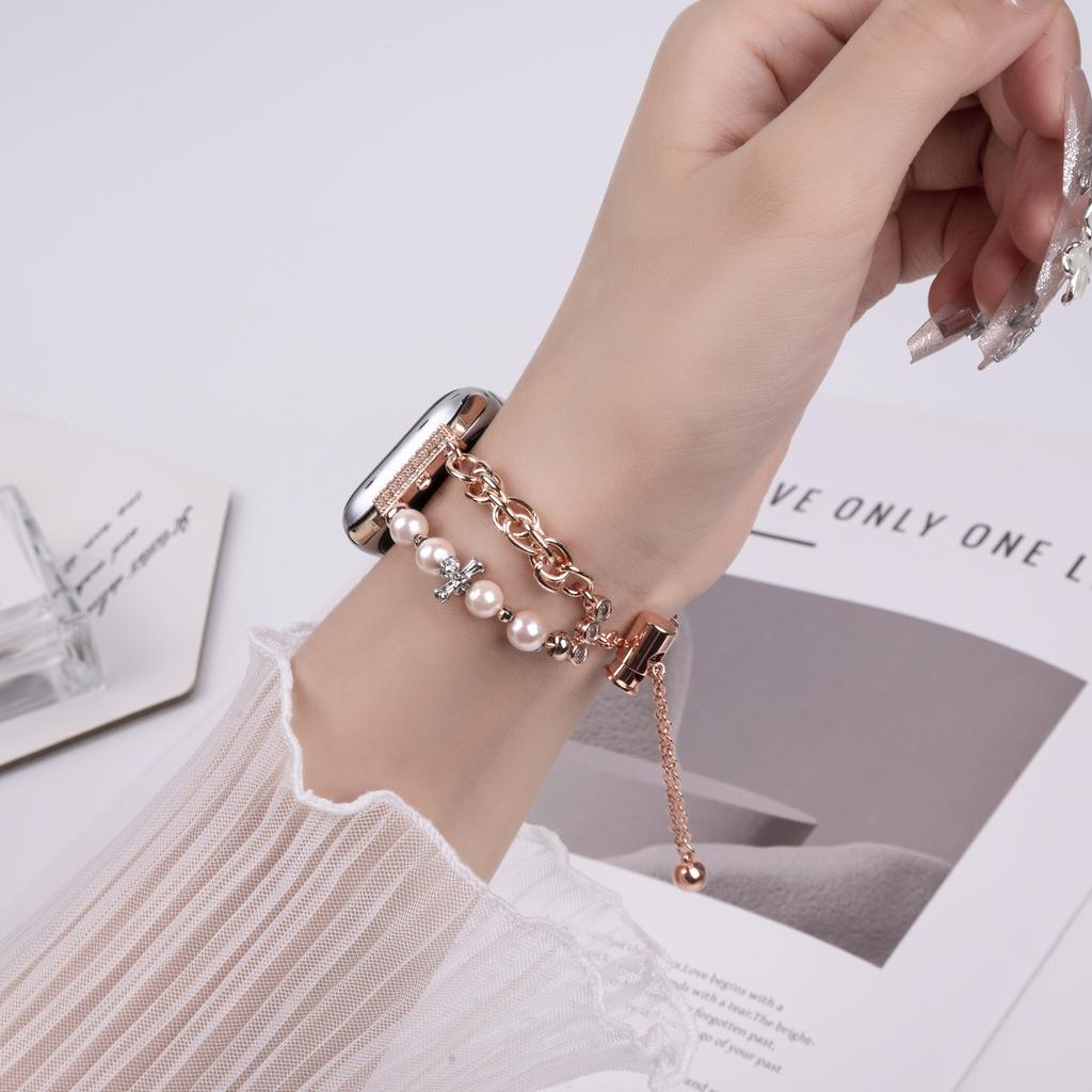 For Apple Watch Series 10 42mm/9 8 7 41mm/SE (2023) SE (2022) SE 6 5 4 40mm/3 2 1 38mm Pearl Flower Stainless Steel Bracelet Watch Strap