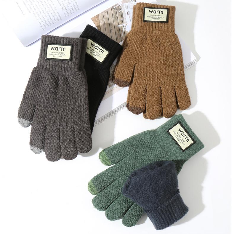 Шерстяные перчатки для велоспорта, мужские, утолщенный бархат для тепла и зимы, ветрозащитные, трикотажные перчатки для сенсорных экранов