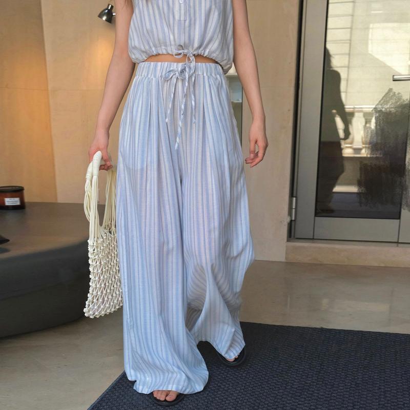 Johnature Summer Korean Resort Striped Loose Loose Pants Casual Wide-leg Breathable Full Length Trousers Women