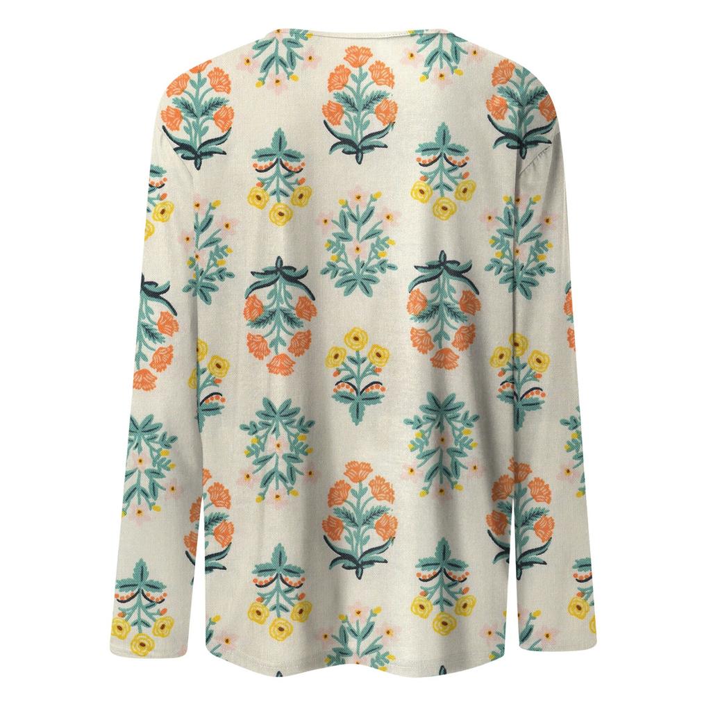 Женская мода, повседневная блузка с длинным рукавом и цветочным принтом, пуловер с круглым вырезом