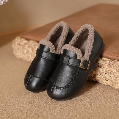Туфли Doudou на мягкой подошве для женской зимней носки 2025 новая корейская версия на плоской подошве ретро универсальные бархатные теплые маленькие кожаные туфли для среднего возраста