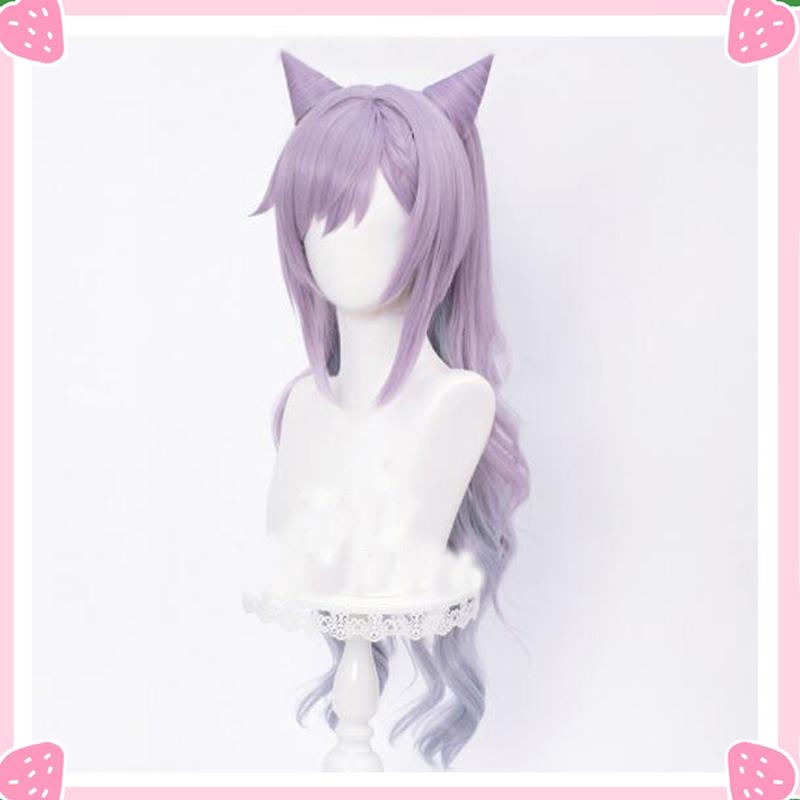 Wig&Hair Accessories*2 Genshin Impact Wig Keqing Cosplay Purple Long Curly Ponytails Ears Horns Pigtails Heat Resistant Women Halloween Free Wig Cap