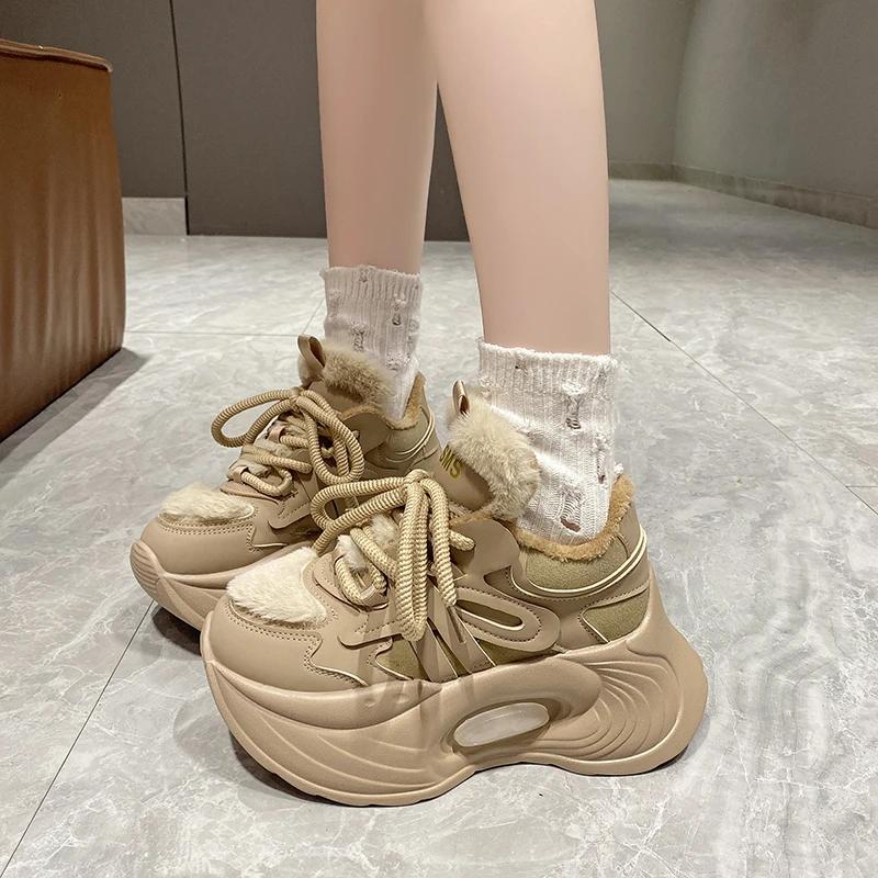 Модные теплые зимние ботинки на платформе 7,5 см, женские зимние кожаные кроссовки на толстом каблуке со шнуровкой, меховые туфли, новые женские спортивные кроссовки