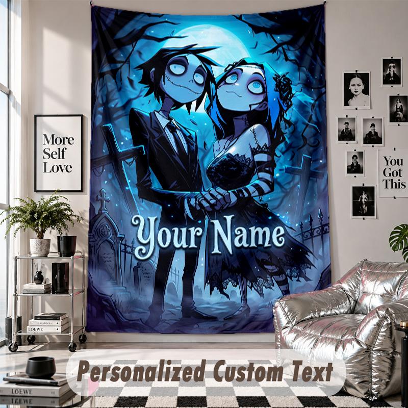Custom Tapestry Wall Hanging, Corpse Bride Emily Victor Personalized Name Text Home Wall Decor