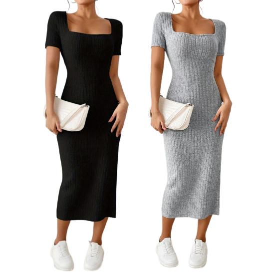 Women Summer Dress Square Neck Split Hem Knitted Elastic Skinny Solid Color Mid-calf Length Short Sleeves Lady Party Commute Midi Dress