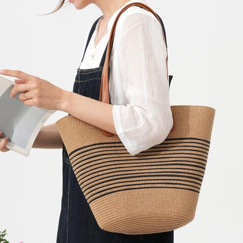 Shoulder Striped Straw Bag Woven Bag Large Capacity Portable Tote Bag Women's Beach Bag Zipper Vintage Woven