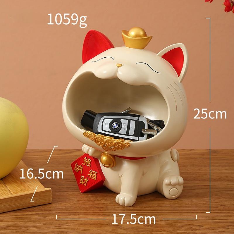 Lucky Cat Storage Tray Statue Resin Sculpture Sundries Candy Storage Box Fortune Cat Figurine Key Holder Living Room Home Decor