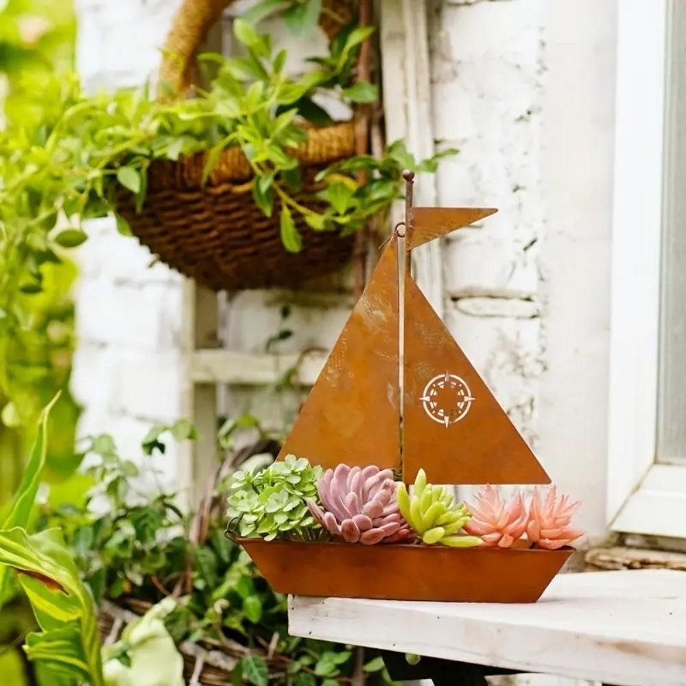 Vintage Nautical Sailboat Flower Pot Rustic Metal Succulent Pots Potted Planter Desk Decor