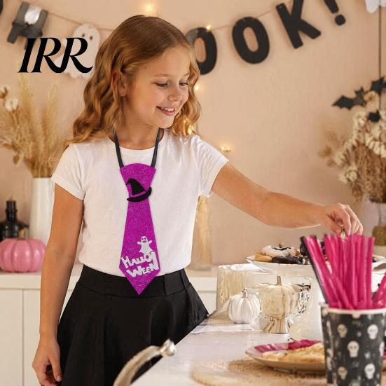 Holiday Celebration Tie Halloween Glitter Felt Tie, Skull Pumpkin Ghost Spider Bat Print Necktie Creepy Patterned for Kids Adults, Adjustable
