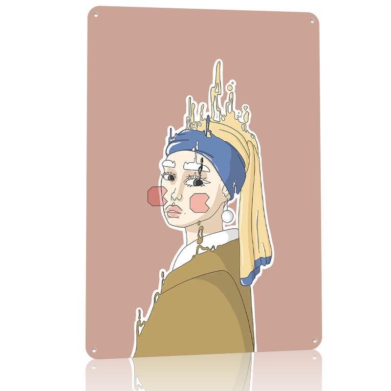 Girl With a Pearl Earring D Texture Metal Poster Customized Wall Art Tin Sign Gift for Mancave Bathroom Decor Room Custom Plate