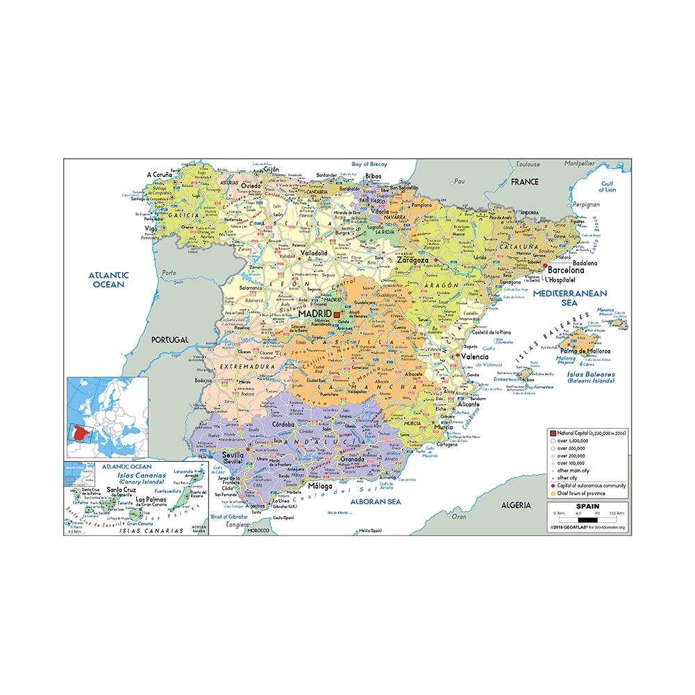 Administrative Map of Spain Canvas Painting Wall Art Poster School Supplies Living Room Home Decoration