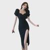 "Summer 2025 Black French Puff Sleeve Dress with Long Slit for Women"