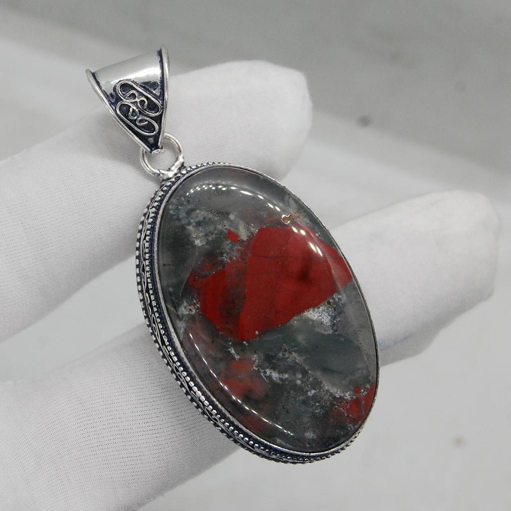 Huge Oval Cab Red Bloodstone 925 Sterling Silver Pendant Jewelry, Handmade Boho Style Pendant