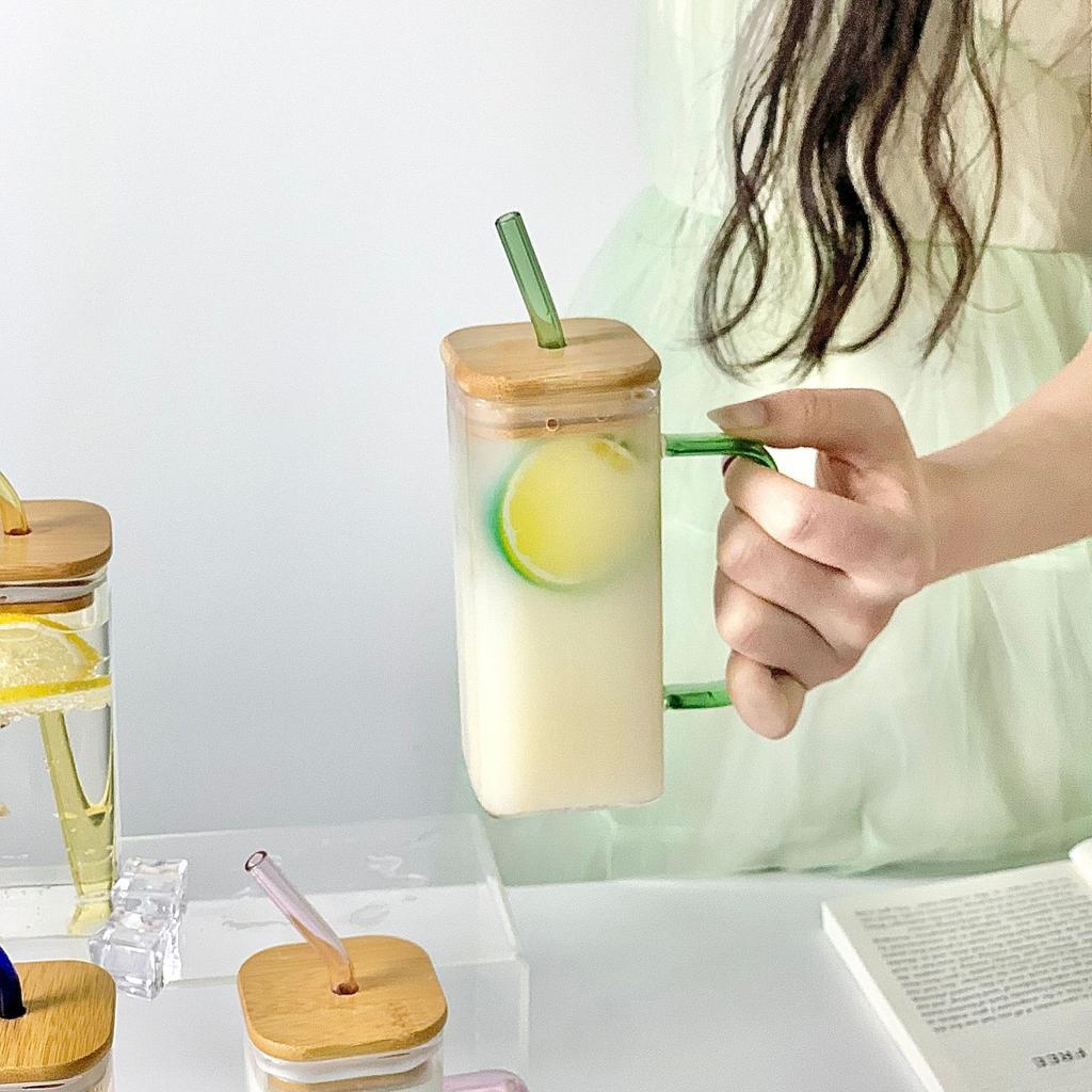 High Value Glass Straw Cup with Cover Square Color Handle Transparent Glass Milk Tea Flat Bottom Single Layer Cup