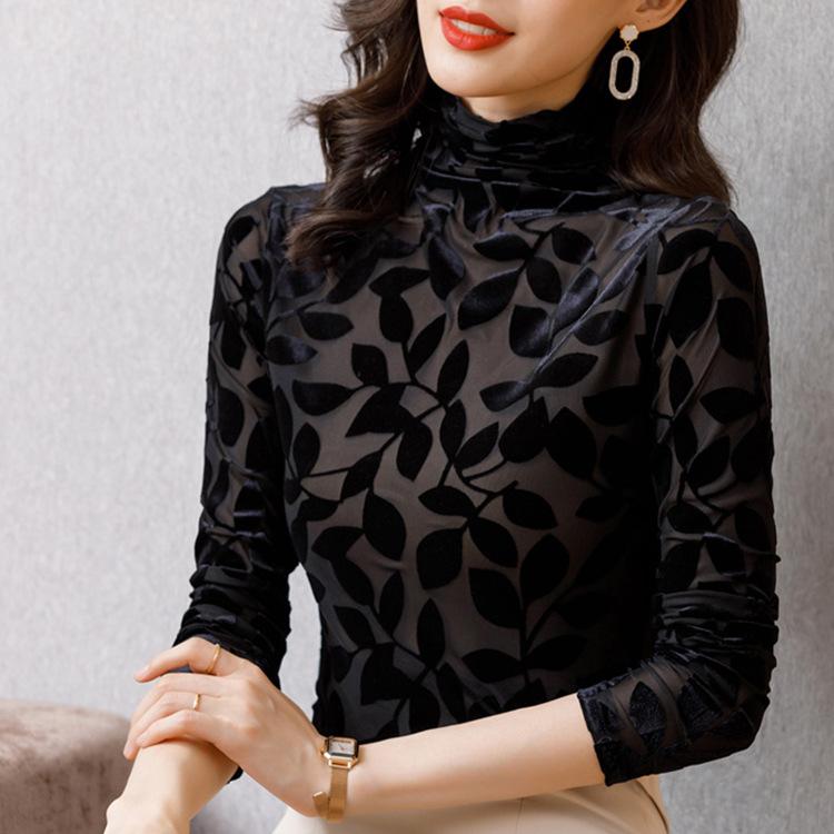 Осенне-зимняя модная водолазка в корейском стиле из бархатной сетки, женская футболка с длинными рукавами, нижнее белье, тонкий и универсальный топ