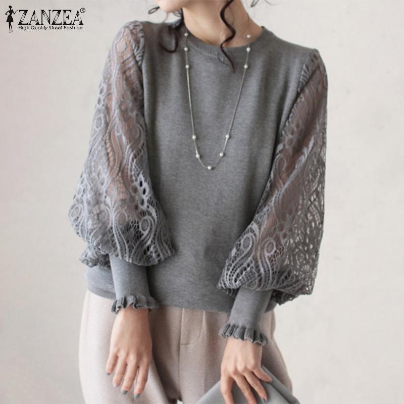 ZANZEA Женская повседневная блузка с длинным рукавом и кружевом с круглым вырезом