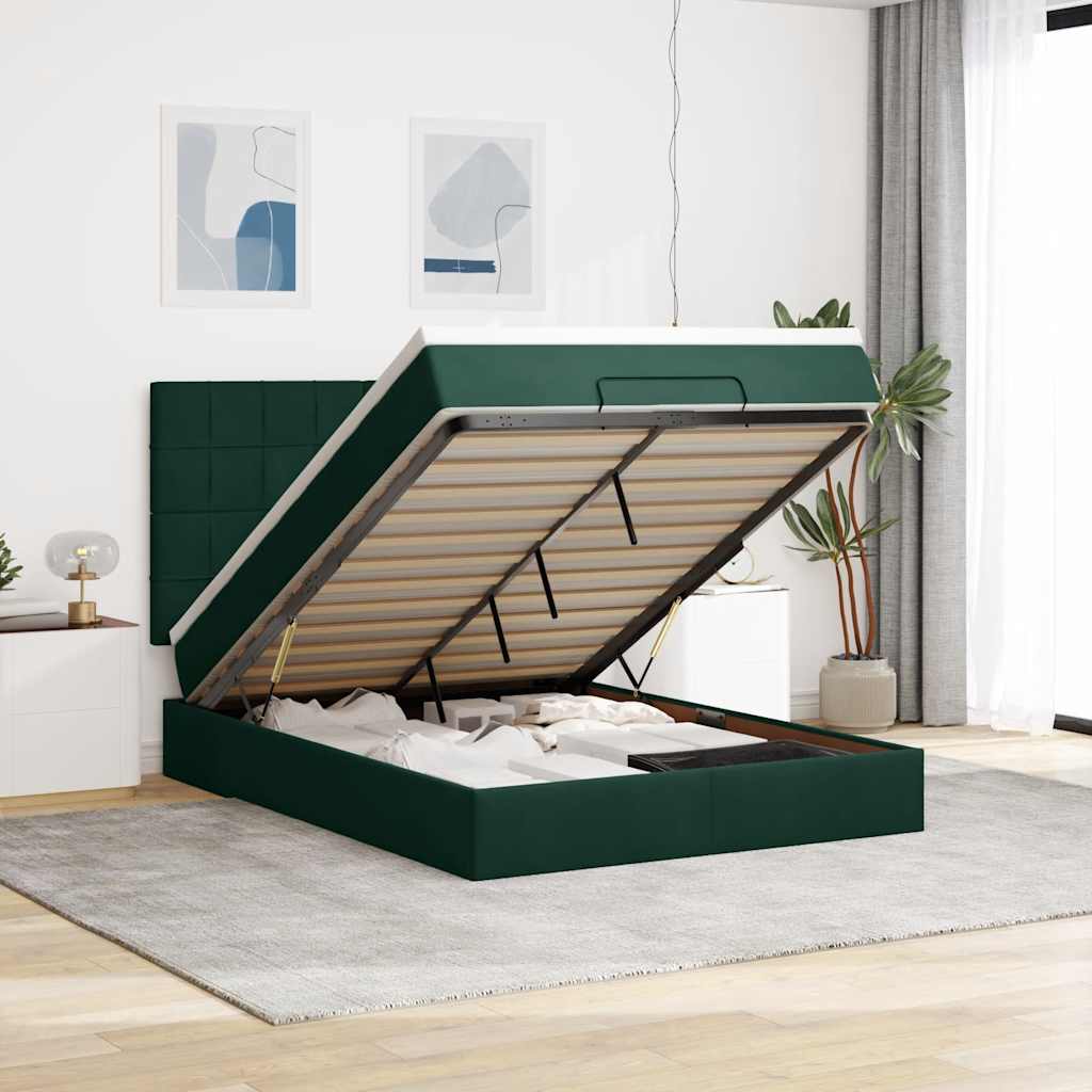Enjoy a restful night s sleep with this Ottoman bed with mattress in dark green 140 x 190 cm velvet fabric