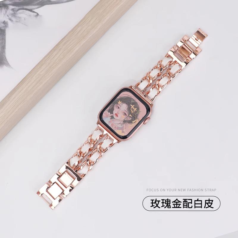 Watchband Double Row Metal Denim Chain Gold Wristband for Apple Watch Band 38 40 41 42 44 45 49 Mm Strap Lady Metal Leather Bracelet