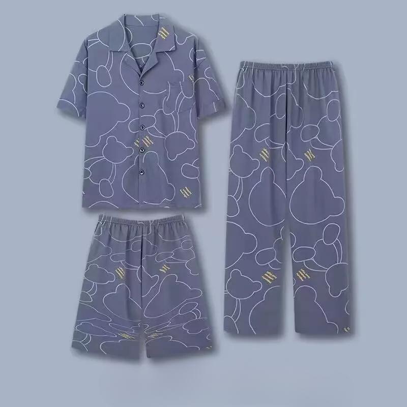 Мужская пижама, домашняя одежда, комплект из трех предметов из хлопка, мужские весенне-летние шорты с короткими рукавами, легкая пижама, домашняя одежда