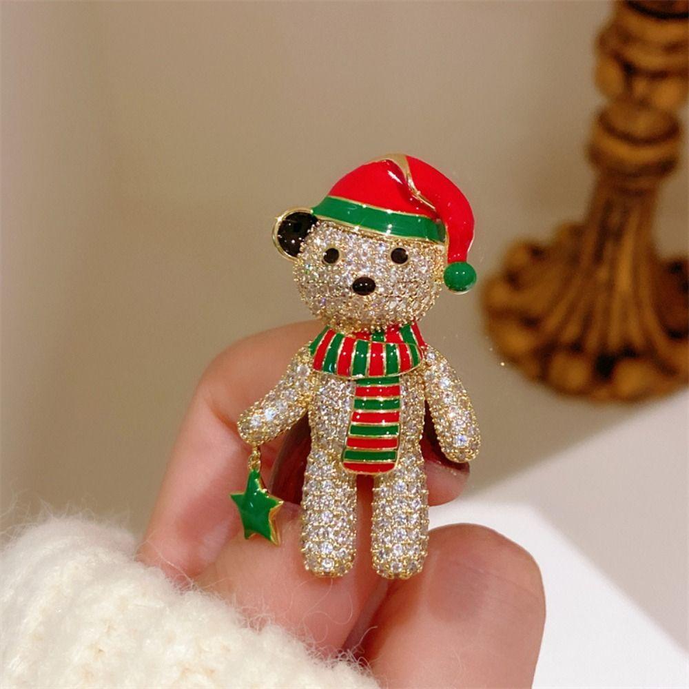 Full Rhinestone Cartoon Collar Pin Cartoon Christmas Bear Brooch Unique Decoration