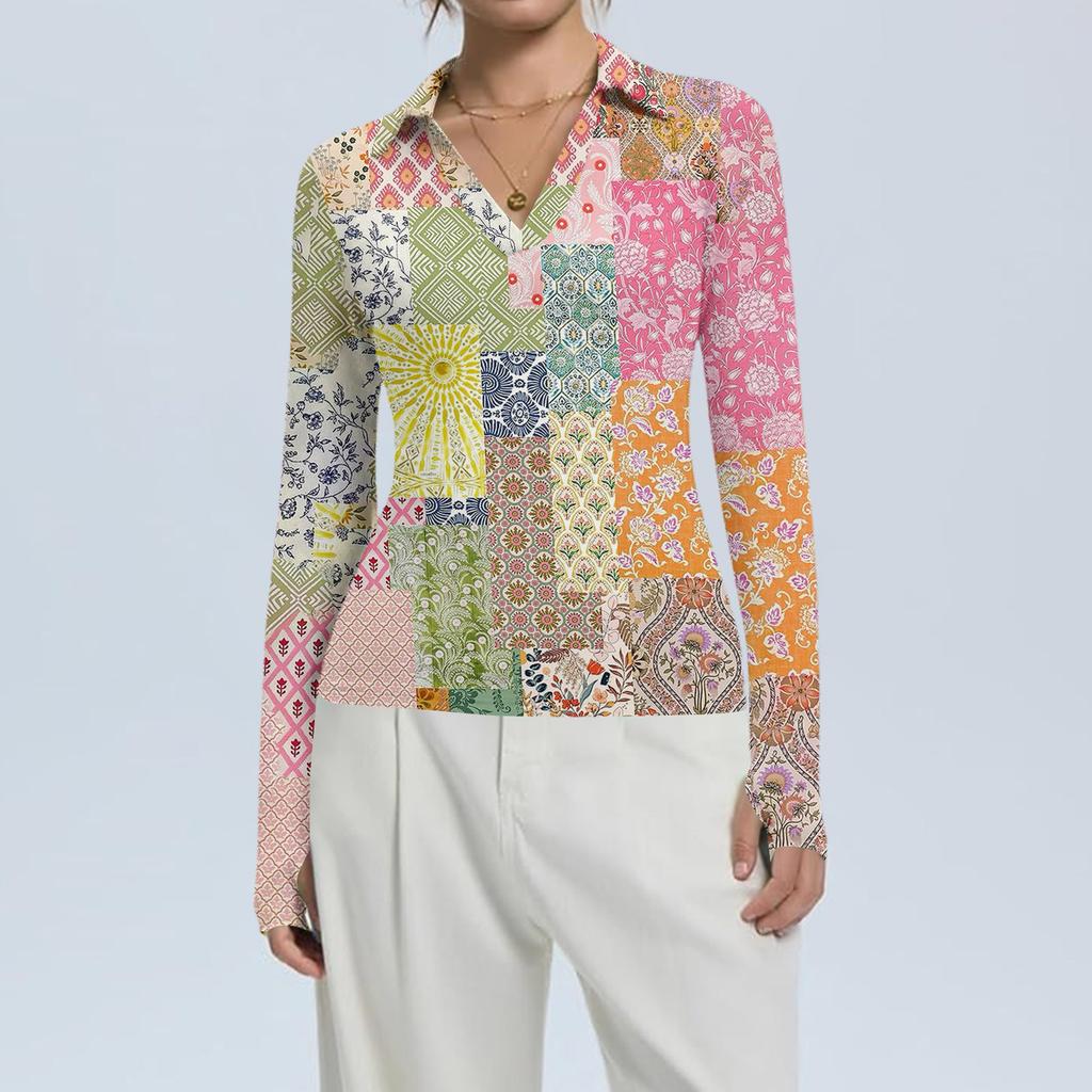 Женская Мода Повседневный Принт V-образный Вырез Длинный Рукав Застежка на Пуговицы Топ