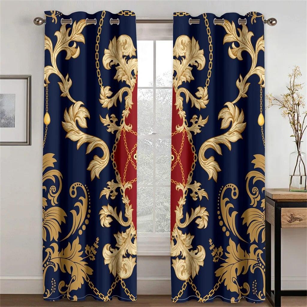 3D Modern Luxury Brand Design Baroque Black Gold 2 Pieces Thin Shading Window Curtain For Living Room Bedroom Decor Rod Pocket