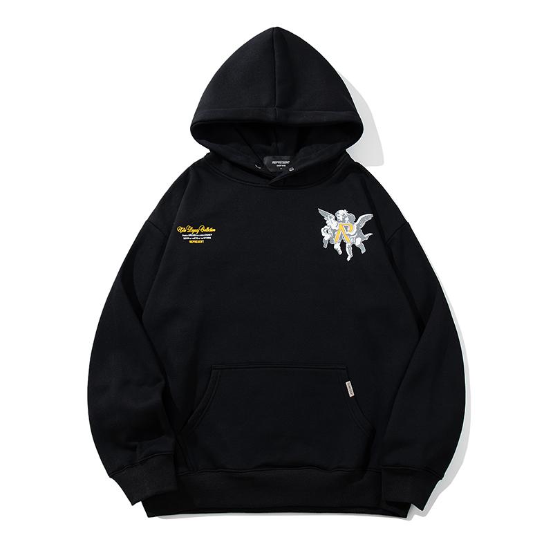 Men Unisex Oversized Angel Graphic Hoodie Black Pullover Hooded Sweatshirt Vintage Washed Loose Fit High Street Streetwear Top