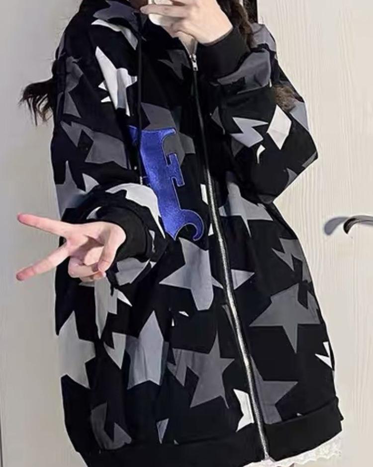 Уличная одежда Harajuku, толстовки на молнии, женские толстовки в Корейском стиле, хип-хоп, с принтом звезд, на молнии, с капюшоном, весна Kpop