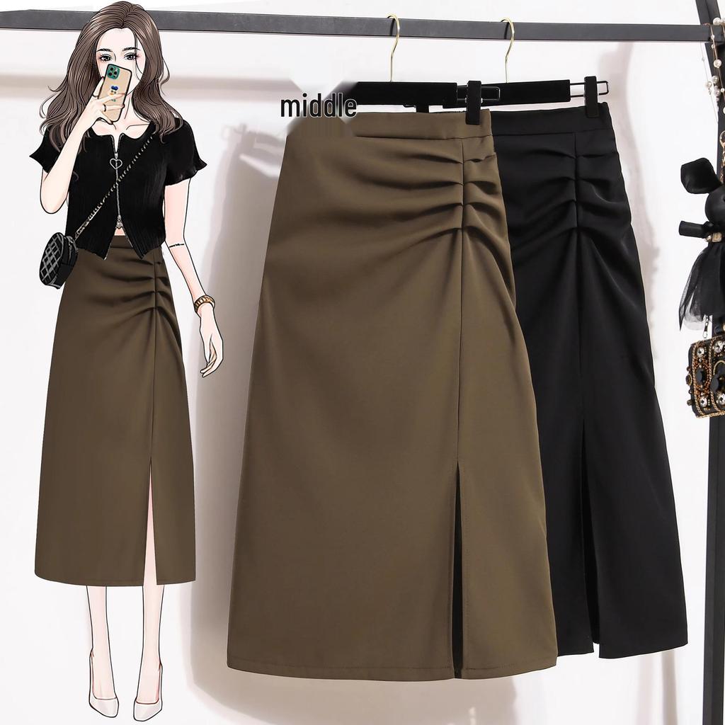 Women's Black High-Waisted Pleated Midi Skirt with Slit - Summer 2024 Collection
