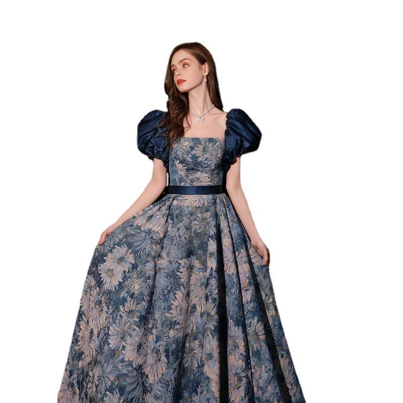 Evening dress women's wedding party texture light luxury niche princess court oil painting style tube top blue toast suit