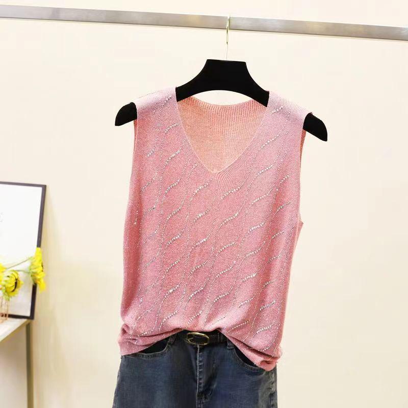 2023 Блестящий шелковый женский жилет без рукавов с V-образным вырезом - Новый стиль весна/лето, свободный крой с вязаным дизайном на бретелях с горячими бриллиантами
