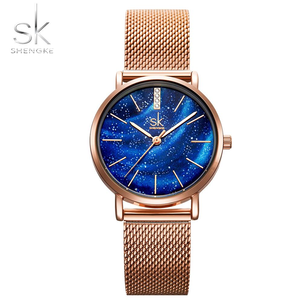 SHENGKE Женские часы со звездным зеленым циферблатом, сетчатый ремешок, женские наручные часы, ультратонкий ремешок из нержавеющей стали, кварцевый Montre Femme, подарок