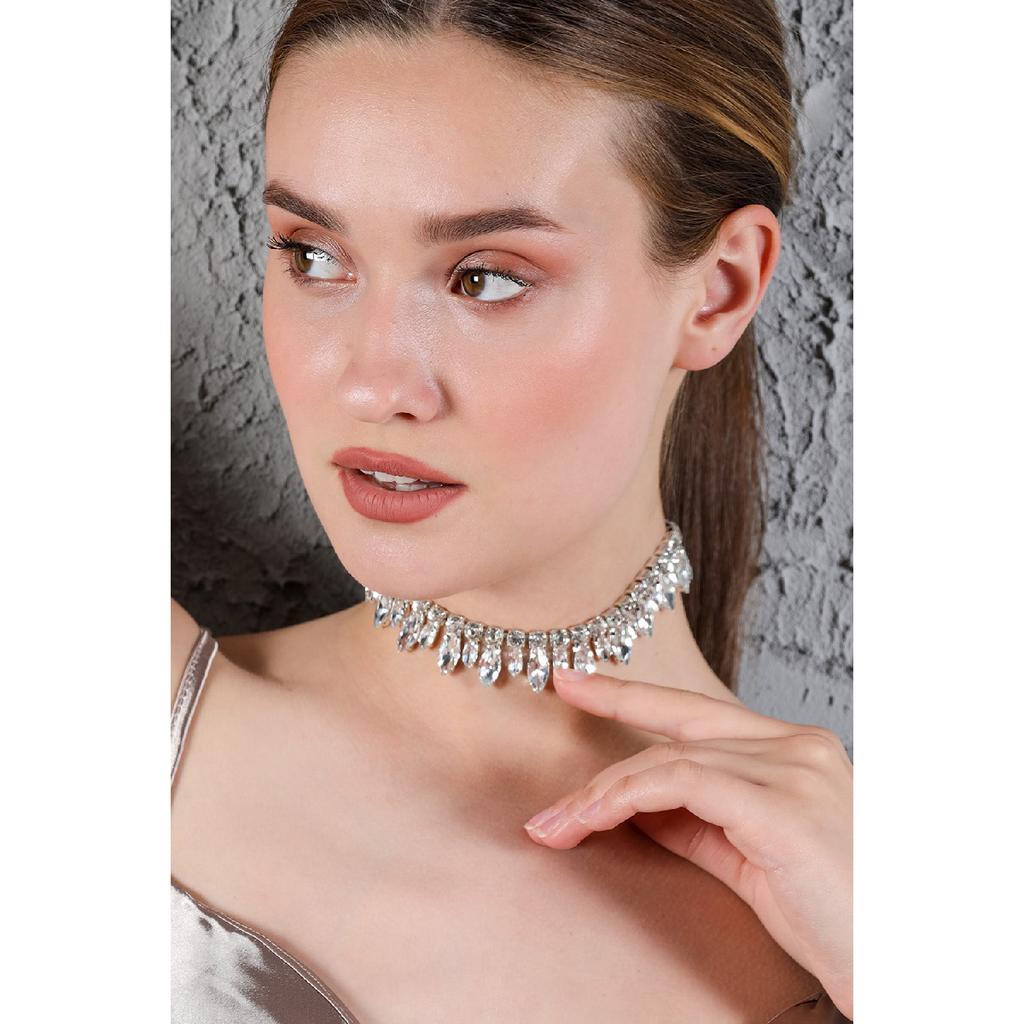 Women's Big Small Almond Zircon Stone Model Silver Diamond Evening Dress Wedding Engagement Bridal Necklace Leash Choker