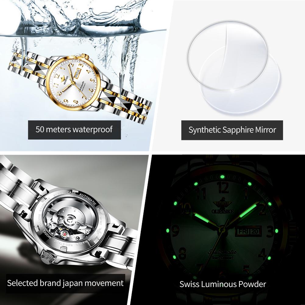 OUPINKE Часы автоматические механические часы стальные модные водонепроницаемые женские часы с двойным календарем женские часы