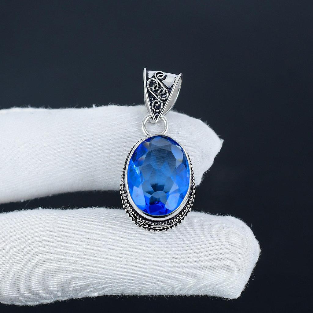London Blue Topaz Gemstone Silver Pendant In 925 Sterling Silver - Handmade Oval Design, Everyday Wear Jewelry Mother' Day Gift