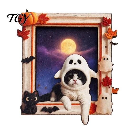 Kitchen Decor Magnet Cat Ghost Frame Fridge for Halloween, Retro Wooden Decoration Refrigerator Magnet, Accessories, Party Favors Halloween