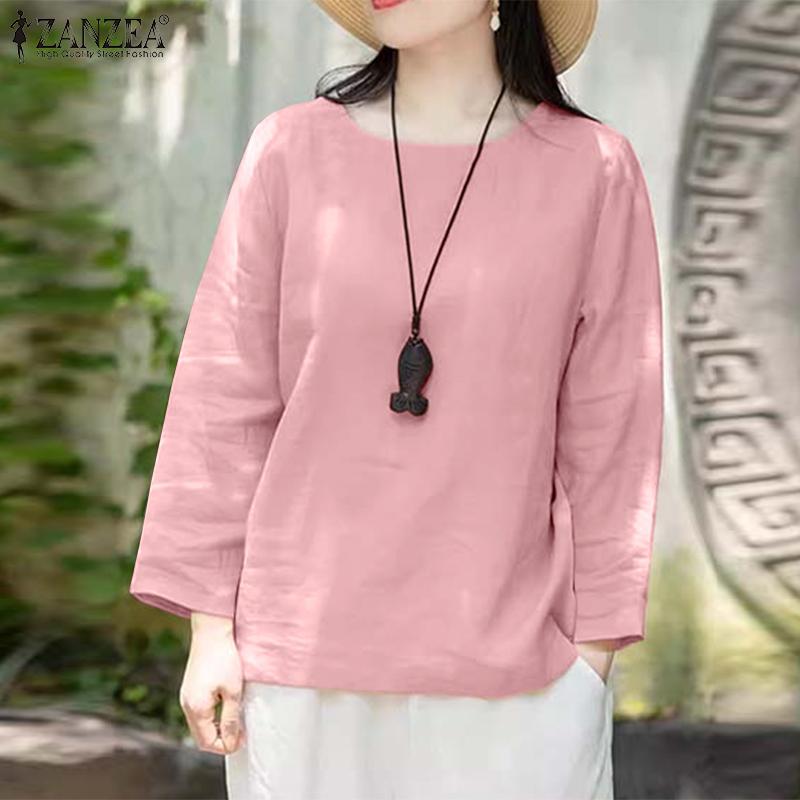 ZANZEA Женские хлопковые однотонные блузки с круглым вырезом и длинным рукавом