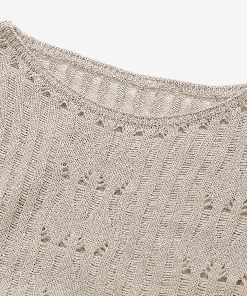 NOIRER FOR WOMAN Wool Damaged Boat Neck Knit Top (Beige)