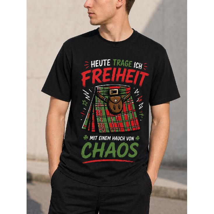 Men's black short sleeve crew neck t-shirt with bold german text and plaid kilt graphic, soft cotton feel, casual streetwear style for everyday wear