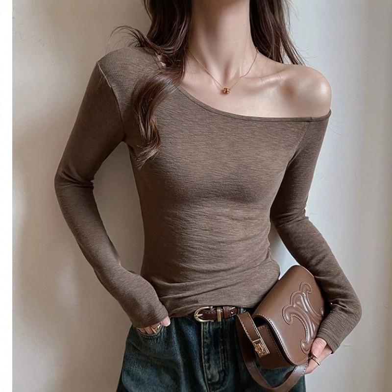 French Off Shoulder Top Womens Casual Long Sleeve T Shirt 2026 Basic Daily Wear