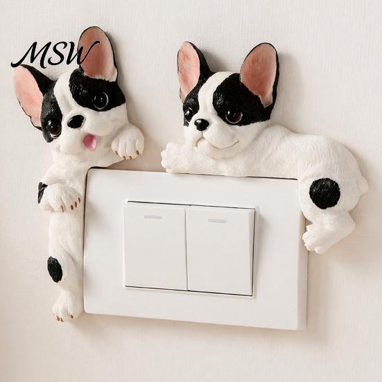 Frenchie Wall Art Decal 3D French Bulldog Resin Light Switch Cover, Cute Cartoon Dog Socket Creative Ornament Decor, Self-Adhesive Animal Plate