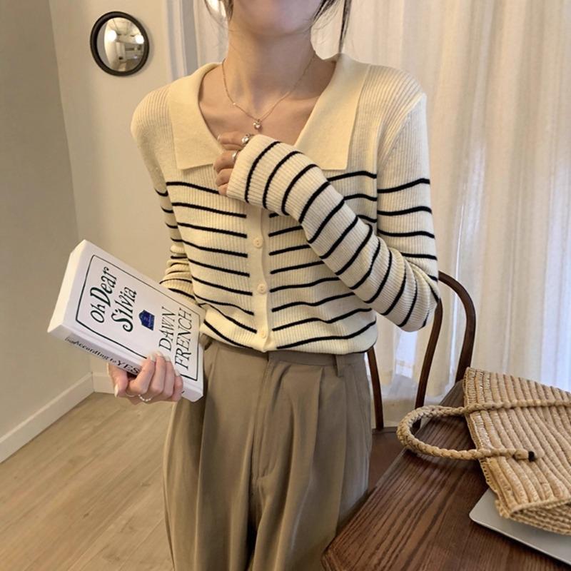 PO Neck Striped Sweater Early Spring New Women's Clothing Slim-fitting Base with Knitted Cardigan Jacket Top