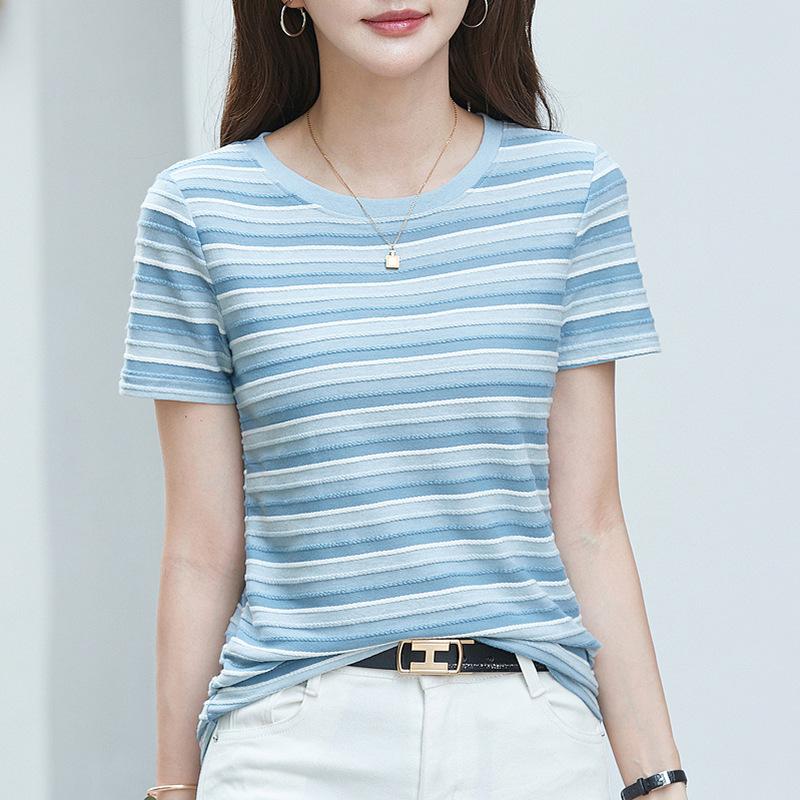 Summer Women's T-shirt Loose Round Neck Short Sleeve Striped Top