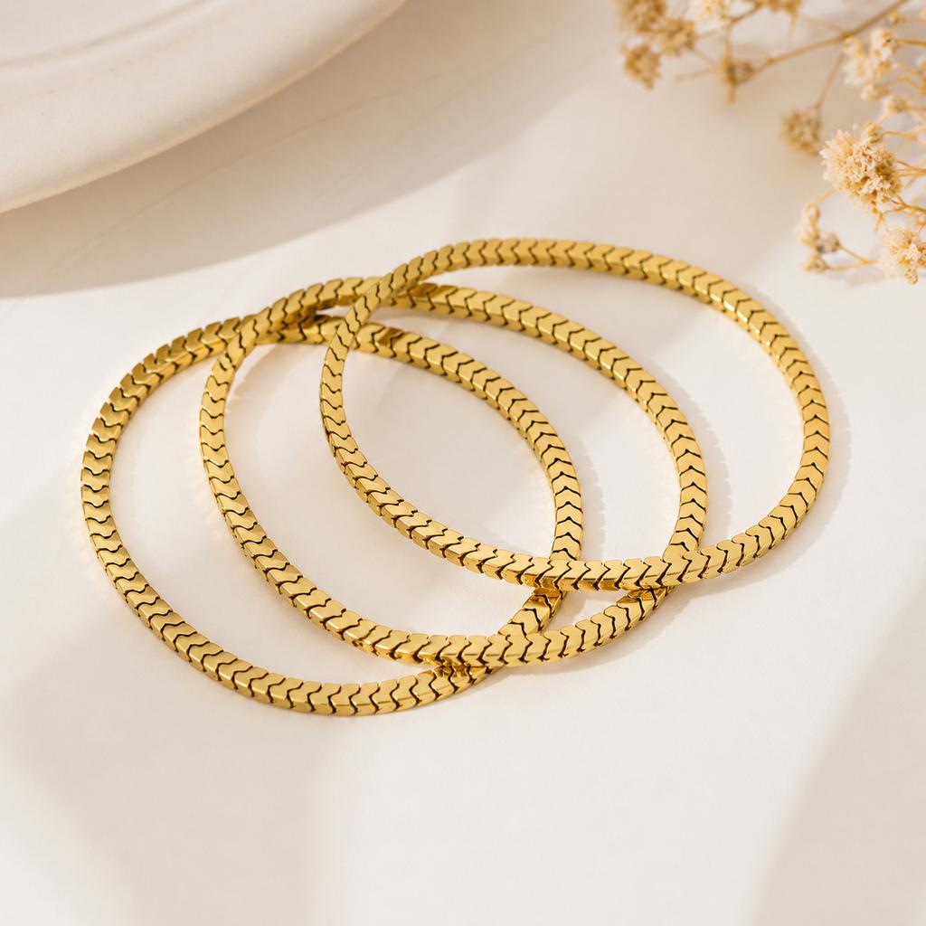 Gold Color Stainless Steel Herringbone Chain Bracelet Set for Women Layered Flat Stackable Jewelry Minimalist Gift Accessories
