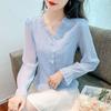 Shirt Women's Long-sleeved Spring Clothes New French Jacquard V-neck Foreign Style Design Sense Chiffon Flared Sleeve Top