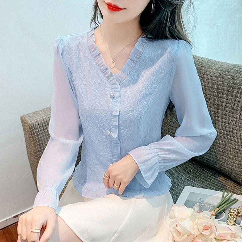 Shirt Women's Long-sleeved Spring Clothes New French Jacquard V-neck Foreign Style Design Sense Chiffon Flared Sleeve Top