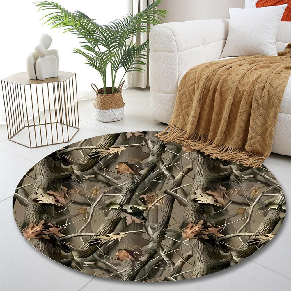 Camouflage Tree and Leaf Pattern Print round rug, living room, bedroom, playroom carpet, non slip floor mat, gift