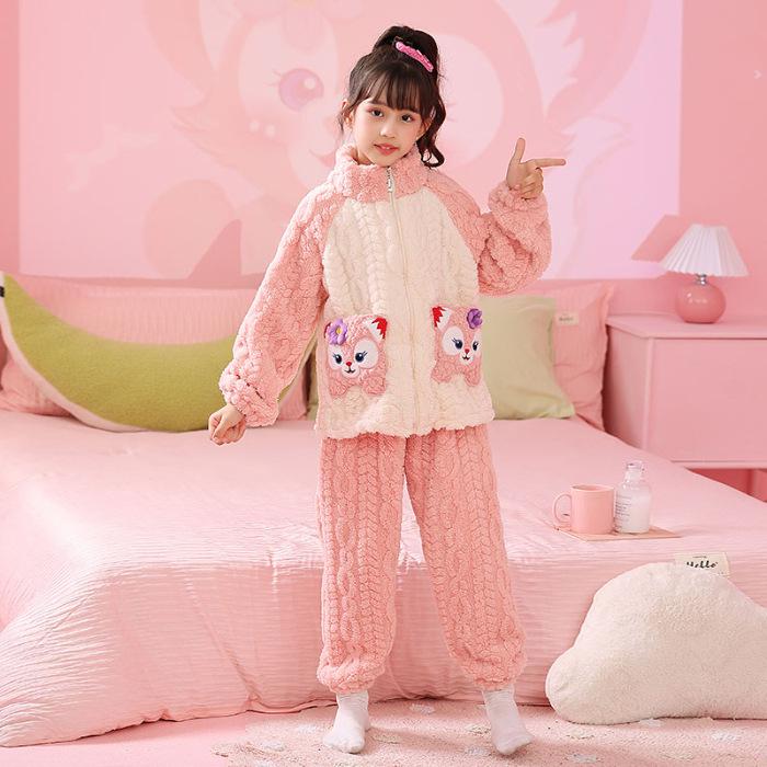 Пижама из кораллового флиса для девочек осень/зима - милый мультяшный рисунок, на молнии, воротник-стойка, размеры от маленьких до средних